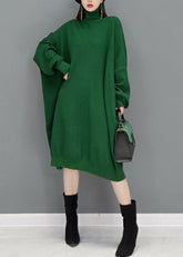 Mode Grün Rollkragen Strickpullover Kleid Herbst